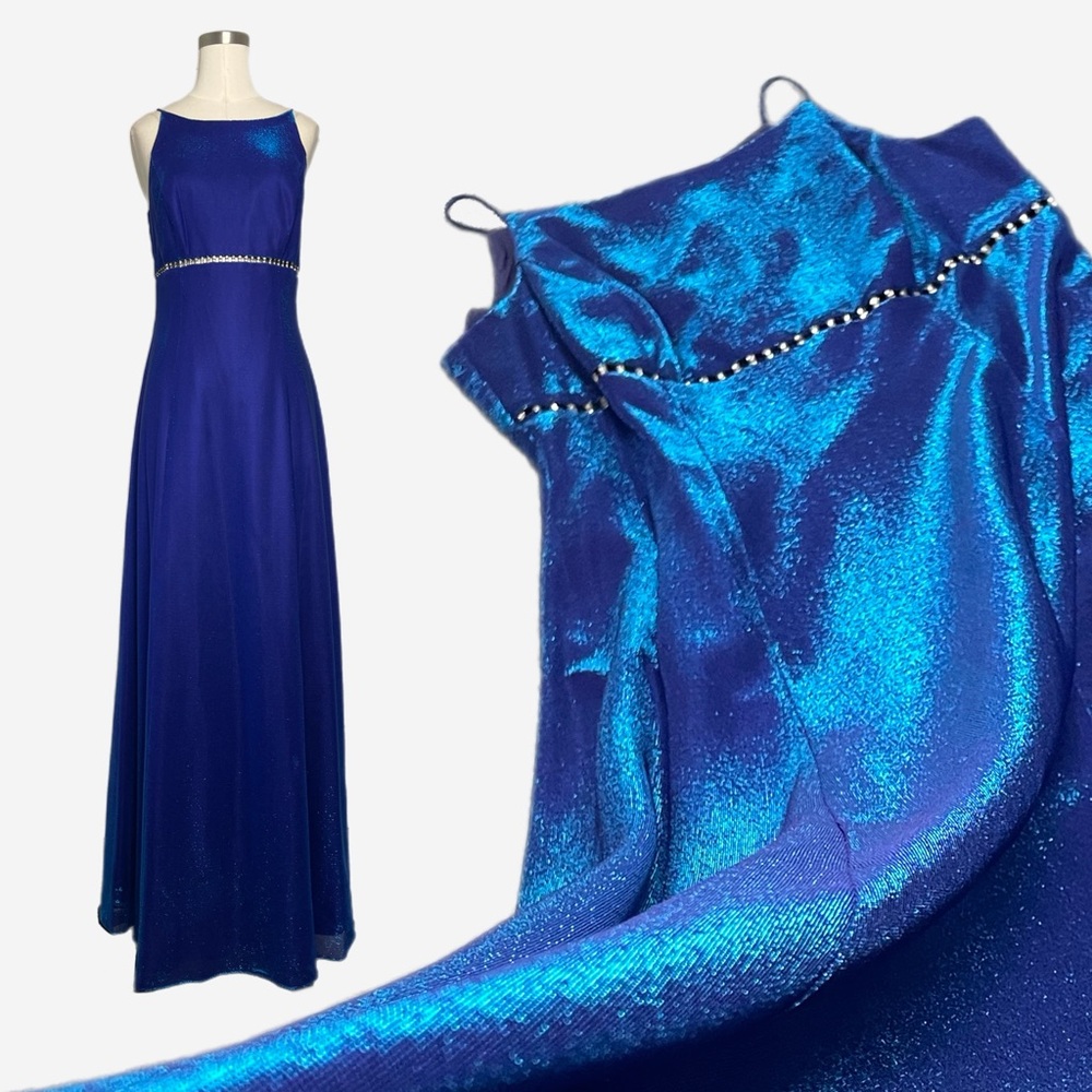 Vintage Y2K Betsy & Adam Blue Iridescent rhinestone maxi gown prom celestial S/M